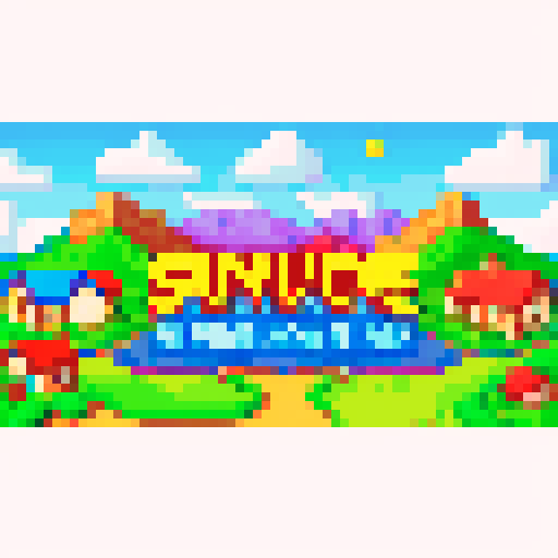 Sunshire title screen farming town, large mountain with small dragons flying around, fire-like text, sRGB, pixel art, background, landscape