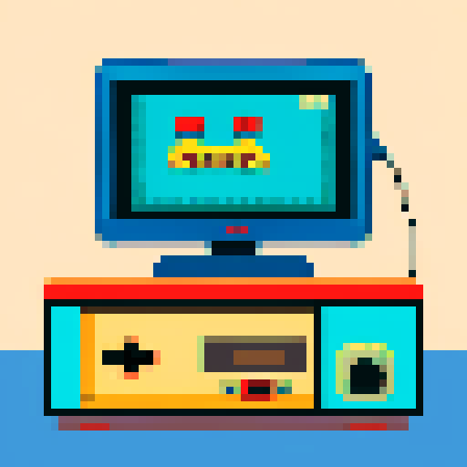 subject is Retro game console, controller plugged into old tv, TV shows image of a cabin on screen, in a cozy room, vintage color palette 
