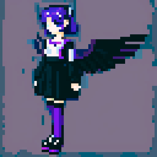 Purple haired anime girl wearing black clothes with a black angel wing, flying in the air