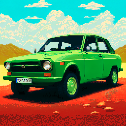 photorealistic green Lada Granta car, front view, center, desert landscape, pixel art, sRGB