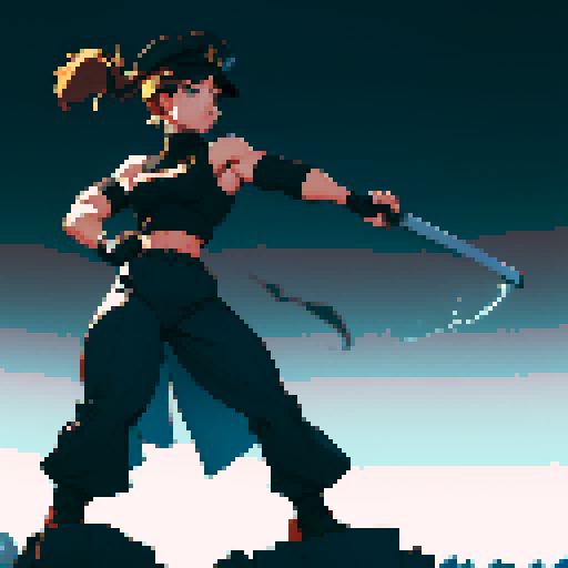 full-body image, muscle girl, female, thick biceps, big shoulders, big fists, muscular physique, facing left, ready to fight, exaggerated proportions, black military uniform, black hat, military backdrop, sRGB, pixel art