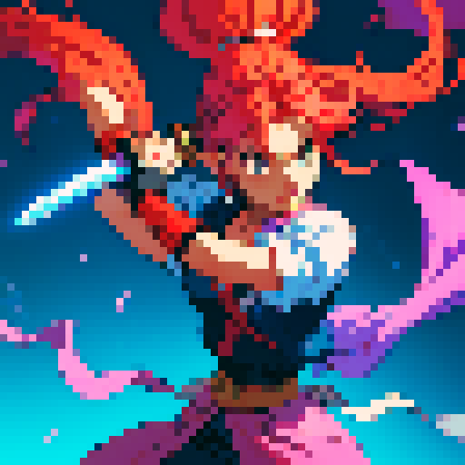 Swinging sword, pixelated slash, vibrant colors, dynamic movement, retro video game style, sRGB