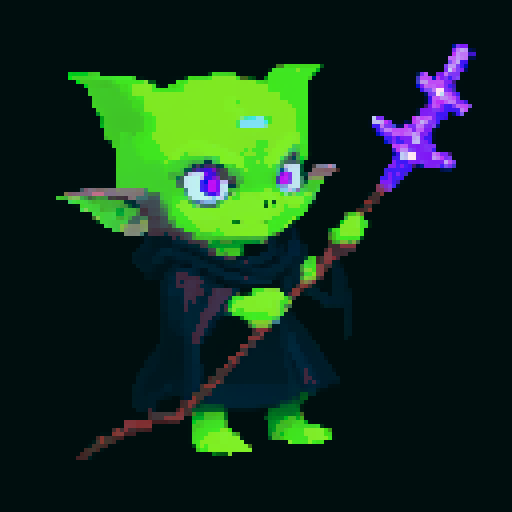 A dark and powerful goblin with arcane symbols, a mystical staff, and an aura of dark magic. It has glowing eyes and a sinister expression, capable of casting powerful spells. No background.
