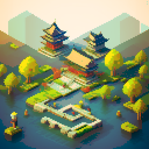 Samurai warrior, side shot, long road, reflecting pond, cherry blossom trees, Chinese pagodas, pixel art