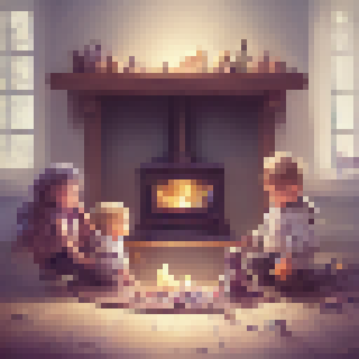 "Create a cozy, hand-drawn illustration featuring a cartoon family gathered around a fireplace in a rustic cabin. The family should be depicted sharing a warm meal, with steaming mugs of cocoa and blankets draped over their laps. The fire should cast a soft glow, illuminating the cozy cabin interior and snowy wilderness outside. The overall style should be whimsical and nostalgic, with muted earthy tones and textured linework."