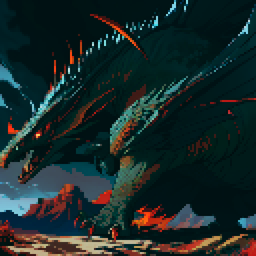 red dragon, fiery scales, sharp claws, fierce expression, towering presence, detailed pixel art, vibrant colors, textured scales, intricate patterns, glowing eyes, majestic wings, powerful tail, smoke billowing from nostrils