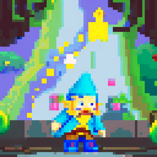 Create a pixel art character of a whimsical wizard, inspired by a cartoon style similar to the provided image. The wizard should wear a blue robe covered with yellow stars and a matching pointy hat. He should have a playful grin