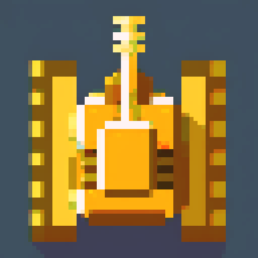 upgraded tank, top-view, game sprite, 32x32 pixel art, sRGB, 2d game art, close up, yellow main color, single turret, intimidating cannons, tracks, tranparent background, game sprite, symmetry