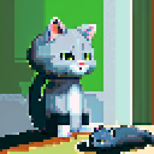 place a small grey cat next to the character