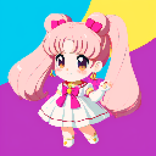 This image features a stylized bear inspired by Sailor Moon, depicted in a chibi art style. The bear has large, expressive eyes and a cute, youthful appearance. The hair is styled in long twin pigtails, accented with pink and gold ribbons, matching the color theme of the outfit, which includes a sailor-style collar and a pink bow. The background is pink with a subtle pattern, enhancing the character's playful and magical theme. This is a typical example of how popular anime characters 