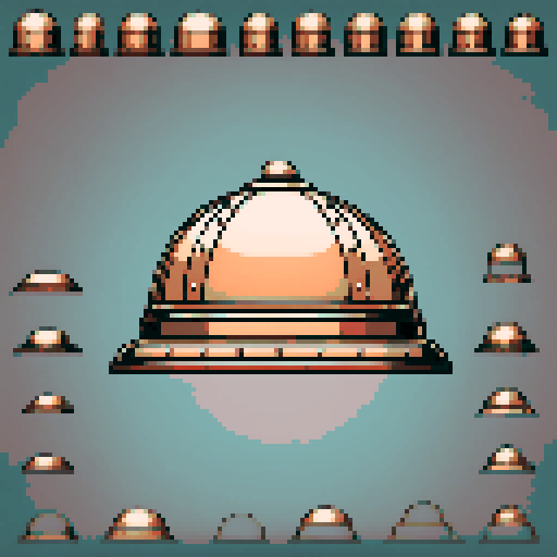 I want a rounded transparent glass half-dome with copper trim and copper rivets around the bottom edge. I want this object usable an asset in a videogame, meaning only one object per image, outlined with a strong black stroke.