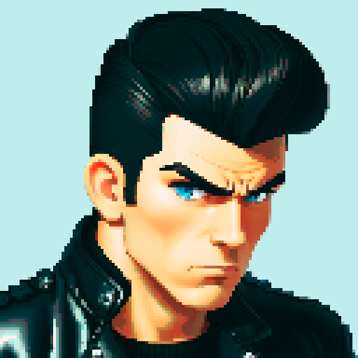 Muscular, tough greaser man with a pompadour hairstyle, wearing a motorcycle jacket, pixel art, sRGB colors, portrait, face avatar