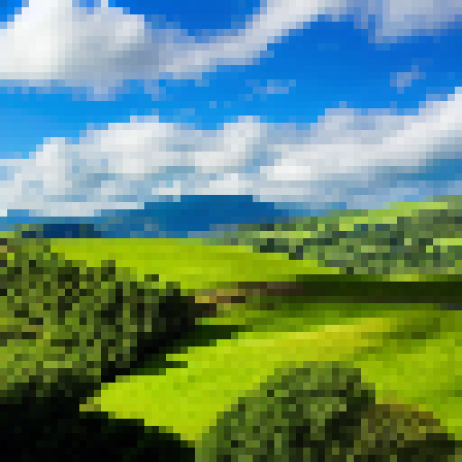 Green rolling hills under a blue sky with one cloud. 