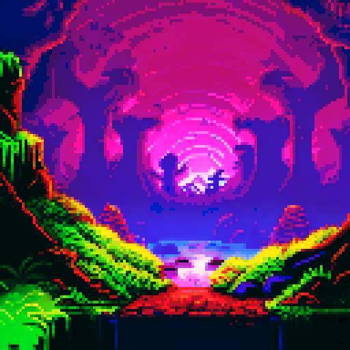 evil lair, eerie cave entrance with glowing, bioluminescent mushrooms lining the walls, casting an otherworldly light onto the rugged, moss-covered ground, creating a mysterious and enchanting pixel art background