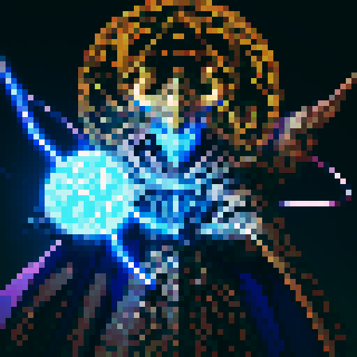 figure clad in elaborate, rune-etched armor, billowing cloak absorbing light, dark iridescent metal exuding contained power, horned baroque helm with intricate network of cables and conduits, backpack device pulsing with unknown energies, staff topped with glowing orb encased in lattice of arcane symbols, outstretched hand, pixel art, sRGB