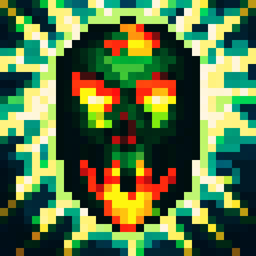 A raging inferno engulfs a tiny metropolis, with sinister skulls appearing in the flames and their ghostly visages haunting the smoke, all rendered in vibrant pixel art
