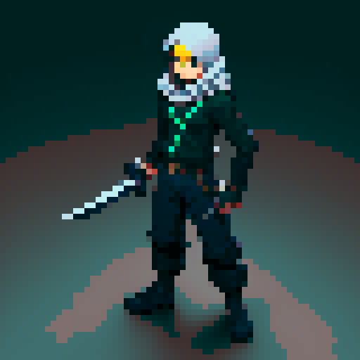 Game character rogue-like game with top view, regular guy with weapon and hand pet, cyberpunk, gray background, 16-bit, controls time, attack animation, attacks, attacking with a sword