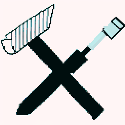 Crossed hammer and screwdriver, towering over a white background, rendered in pixel art with a high contrast black and white palette