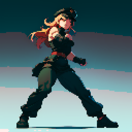 full-body image, muscle girl, female, thick biceps, big shoulders, big fists, muscular physique, thick waist, facing left, ready to fight, exaggerated proportions, black military uniform, black hat, military backdrop, sRGB, pixel art, no background, no backdrop, facing left, fists raised, ready to fight, full-body