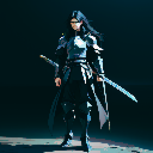 full-body image, male knight, black armor, giant sword, long black hair, sexy, dark knight