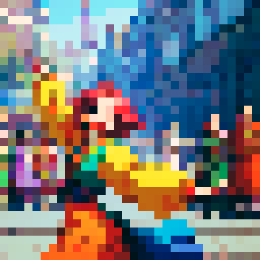 admiration culture, vibrant colors, intricate patterns, bustling crowds, traditional costumes, ornate architecture, blooming flowers, joyful celebrations, animated expressions, dynamic poses, pixelated details