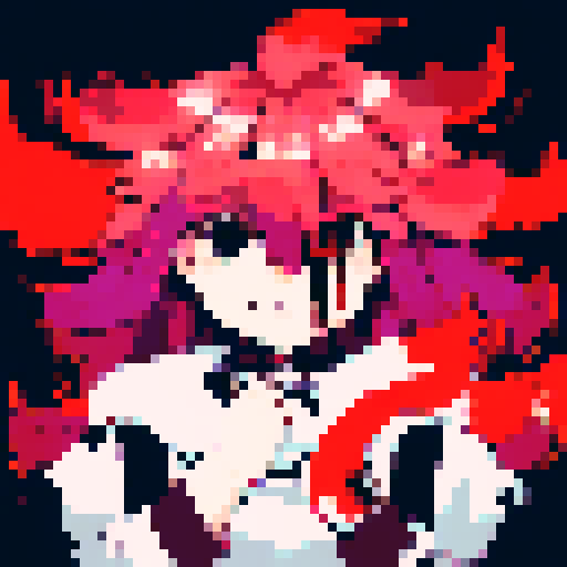 Demon slayer with fiery red hair and piercing green eyes stares fiercely at the viewer in a close-up character portrait, rendered in a vibrant anime style with intricate pixel art details.