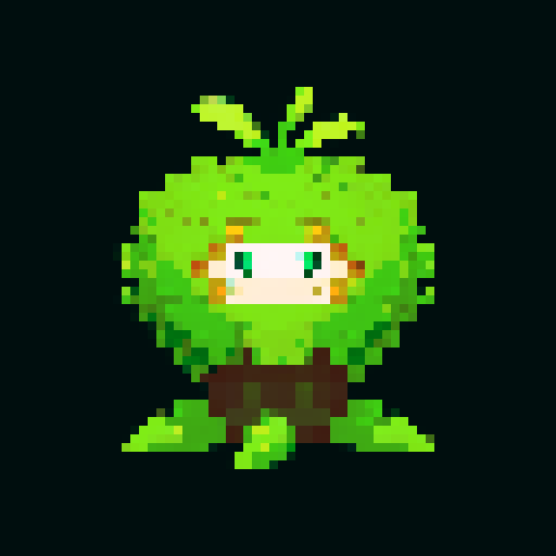 slightly larger, plant-like creature, defined features, bark-like skin, budding flowers, friendly expression, sturdy build, pixel art, sRGB