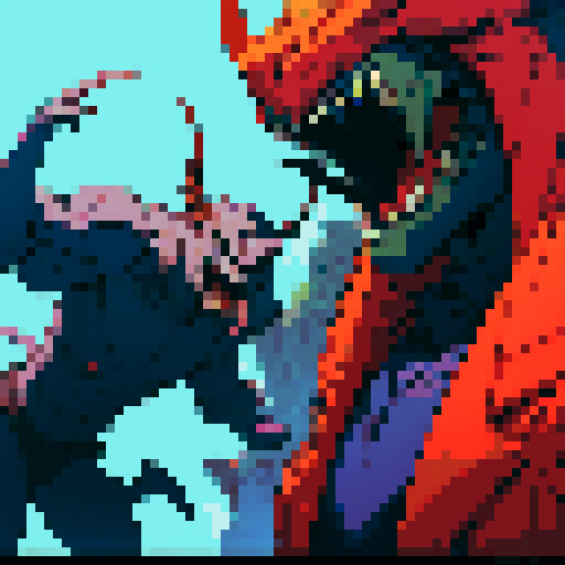 antagonist character in jrpg, giant lizardman with devil horns, evil smile, laser gun in hand, long tongue, sRGB, pixel art