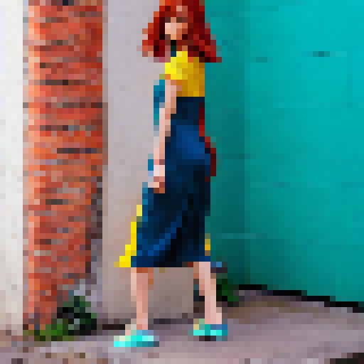 Anime-style, a woman with auburn hair, wearing a vibrant yellow sundress, squats in a dimly-lit alley, relieving herself against a teal brick wall.