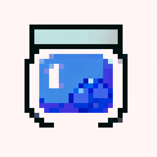 "Create a whimsical close-up portrait of a charming, smiling magic blueberry jam jar character with one big white left eye, a sliver lid, and shiny glass jar - rendered in a playful pixel art style with a vibrant, crisp, simple color palette and clean vector shading that would make for a perfect game icon."
