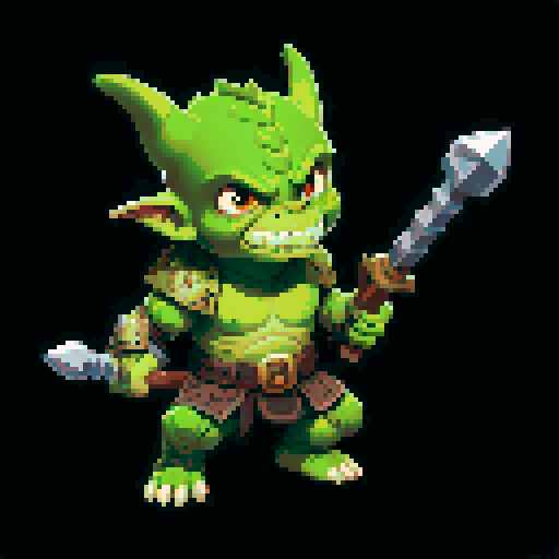 A battle-hardened goblin with scars, gladiator-style armor, and dual weapons. It has a determined expression and a stance ready for combat, showcasing its skills in the arena. No background.
