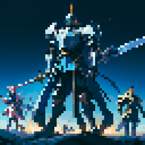 Mech warrior, towering over knights with glowing swords, unleashing magical blasts amidst swirling cannons and medieval armored suits, all in vibrant sRGB pixel art