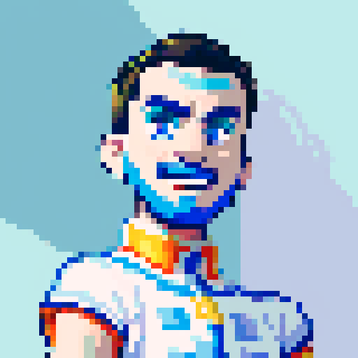 pixel art avatar with vibrant colors, detailed shading, and a retro aesthetic, featuring a stylized face with big expressive eyes and a playful smile, surrounded by pixelated hair with intricate highlights and shadows, against a pixel art background with a gradient sky and a cityscape silhouette, all rendered in the sRGB color space