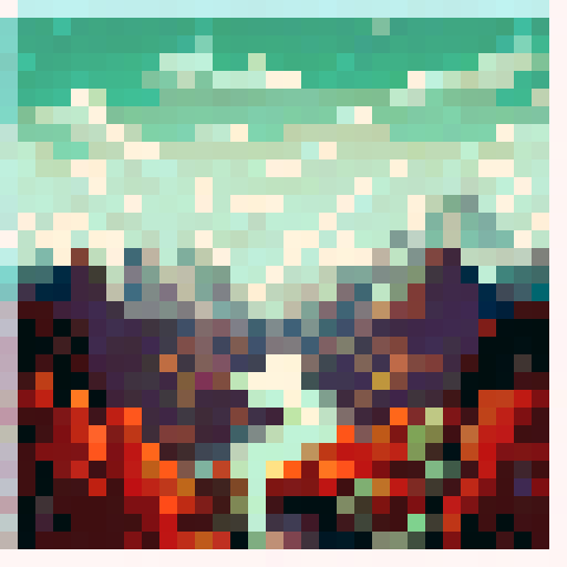 A majestic mountain range with jagged peaks looming over a tranquil, crystal-clear lake surrounded by vibrant autumn foliage, all rendered in a pixel art style with a vibrant sRGB color palette