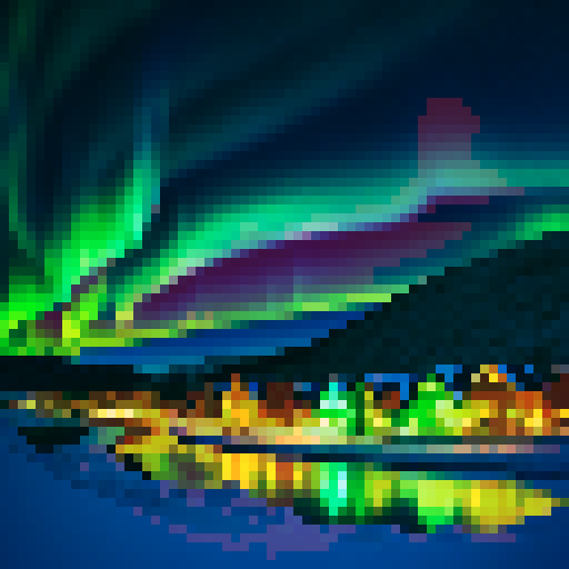 beautiful dramatic aurora borealis over an adorable town at night
