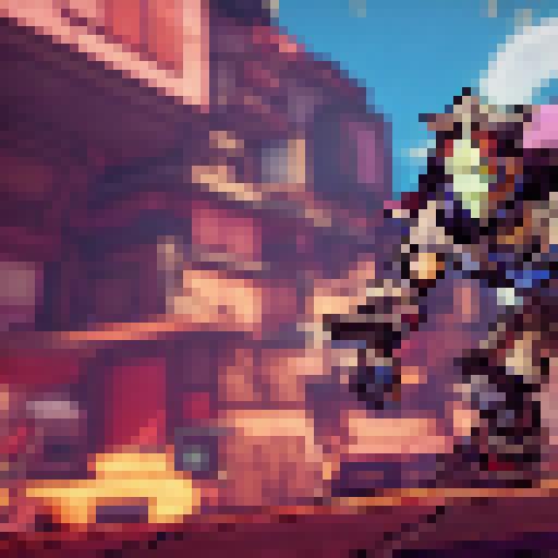 Zero from Borderlands 2, wielding his sword with fierce determination, stoically stares down at a plump, white chicken perched on his shoulder in a vibrant anime style.