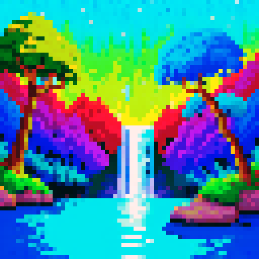 Awesome picture featuring a vibrant, pixelated landscape with a majestic, glowing waterfall, surrounded by lush, pixelated trees and a clear, sRGB color palette