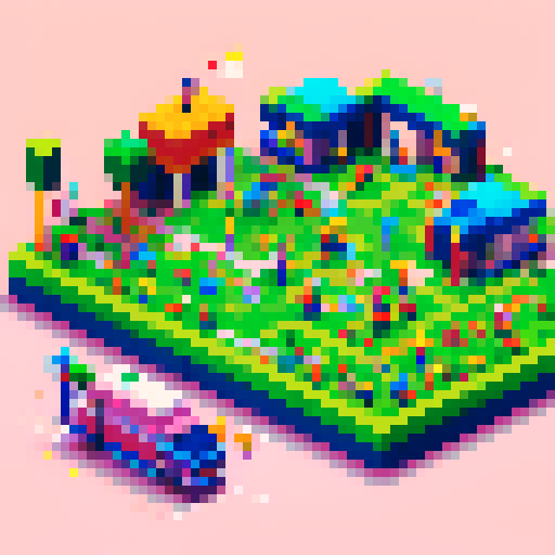 Primary school corridor, vibrant lockers, playful schoolkids, pixelated artwork, colorful backpacks, chalkboard drawings, cartoonish characters, pixelated alphabet posters, joyful laughter, hopscotch patterns, retro video game references, pixel art mural, crayon scribbles, geometric shapes, 8-bit graphics, bright neon colors, retro computer icons, retro arcade machines, pixelated school uniforms, blocky textures, nostalgic atmosphere, pixelated school supplies