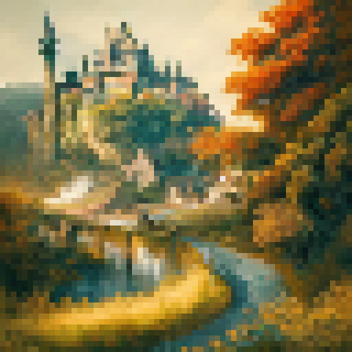 A surreal portrait of a steam-powered castle, towering over a rolling countryside with billowing smoke and gears, surrounded by a whimsical village of colorful homes and a winding river.