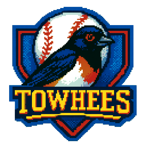 Pixel art of a fictional baseball team called the Towhees. Bold colors, sharp outlines, and soft pixel shading. The logo design mimics 80s MLB logos. Use a vibrant Sega Genesis 16-bit style with selective dithering, geometric forms, and nostalgic retro charm. Avoid modern gradients—keep it pure pixel art.