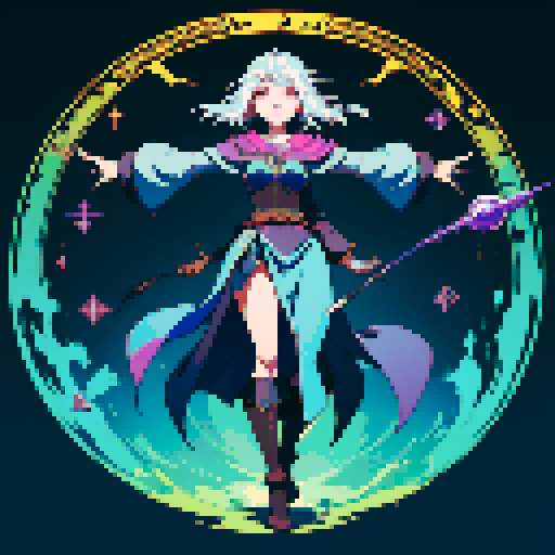 full-body image, sorceress, floating, arms out, magic circles, magic power, spell, evil sorceress, evil witch, magic symbols, sRGB, pixel art