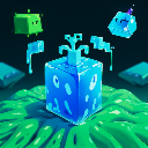 Blue Slime cube, Gelatinous cube, wearing crown, giant Slime, boss fight
