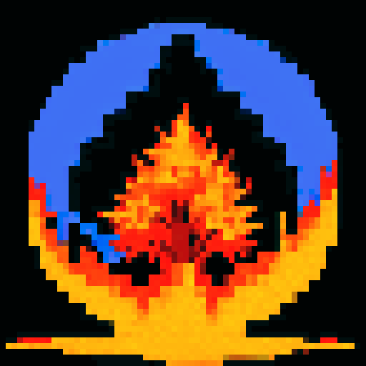A blazing, pixelated tree engulfed in vibrant flames, radiating intense colors in a distinctive sRGB style