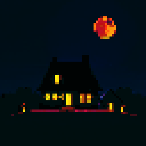 The House That Shouldn't Be There, A neighborhood at night,  mysterious silhouette, eerie moonlight, towering presence, hauntingly vibrant colors, intricate details, nostalgic pixel art