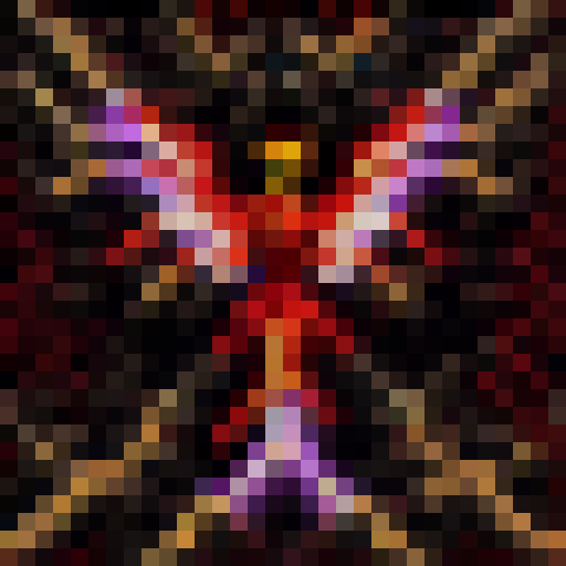 "Fiery phoenix maiden flaunts vibrant plumage in 32x32 pixelated glory, framed by intricate gold filigree and surrounded by flickering flames in a skillful art style."