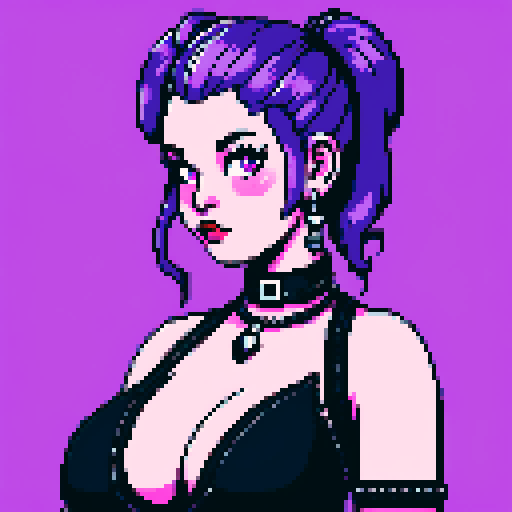 Face Portrait of Thicc, curvy, busty goth babe with studded collar, long purple hair in buns, fishnet stockings, studded halter top, pixel art, sRGB.