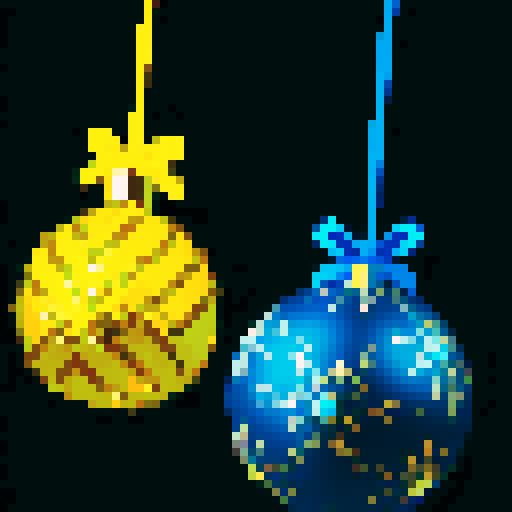 Christmas balls, vibrant colors, shiny reflections, thread swaying, intricate pixelated details, festive patterns, sRGB color palette, delicate ornaments, sparkling highlights, hanging decorations