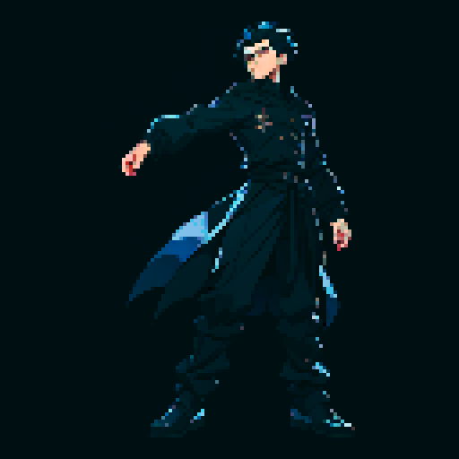 t-pose. male. black clothing. full body. Short, dark blue hair.