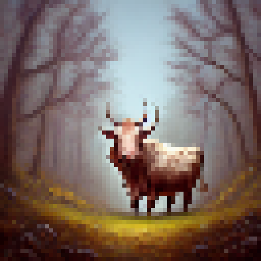 Horned cow with shimmering fur and golden hooves charging through a mystical forest filled with glowing mushrooms and swirling magic.