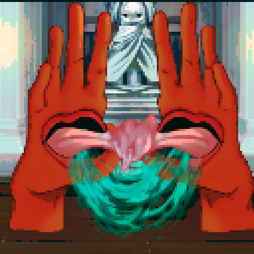 Hand monsters with a mouth and entwined tongue and saliva